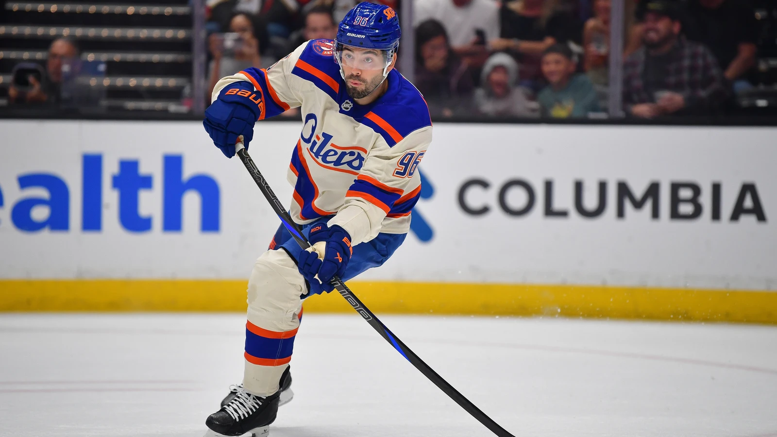 File photo: Edmonton Oilers defenceman Jake Walman controls the puck against the Anaheim Ducks at Honda Center.