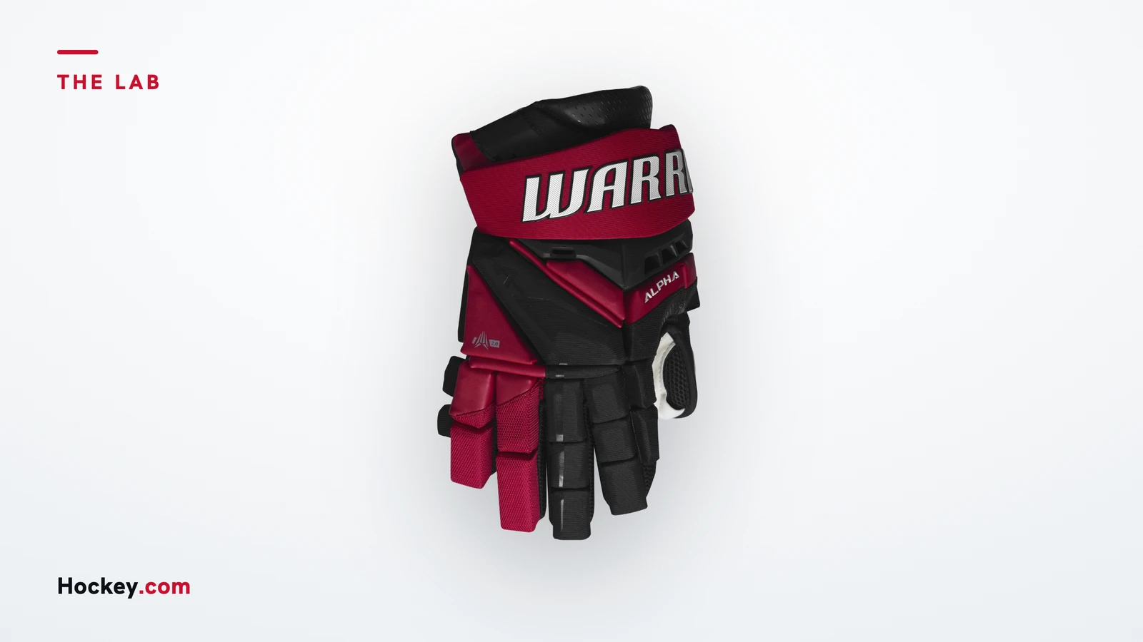 Warrior Alpha LX3 Pro senior hockey glove in black and red, showing the cuff and backhand