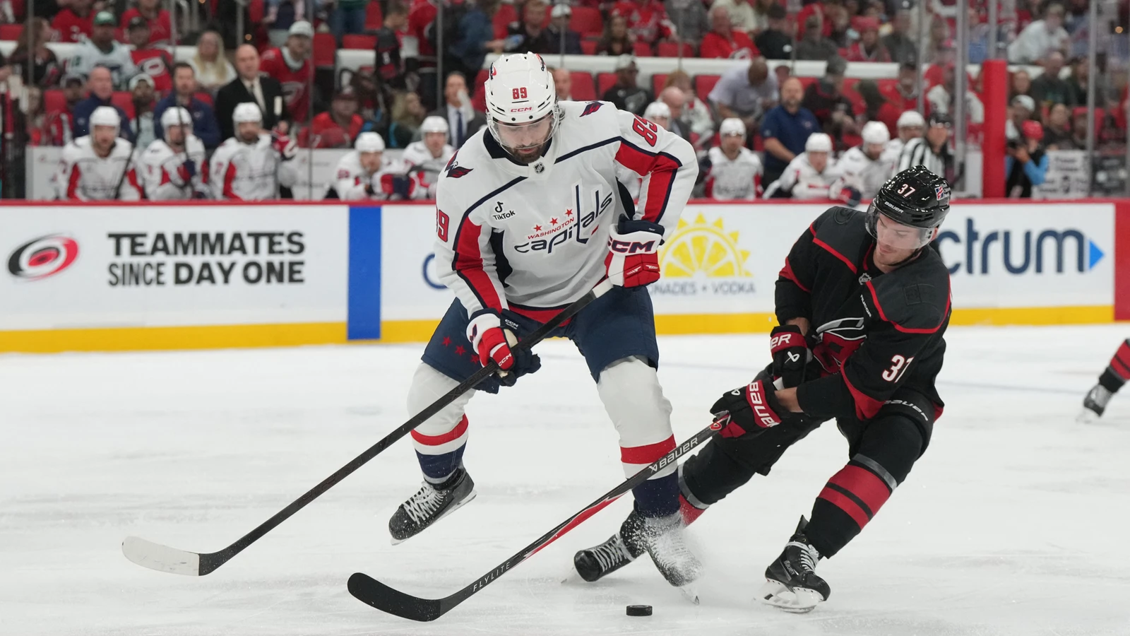 Andrei Svechnikov battles for the puck against Washington at Lenovo Center.