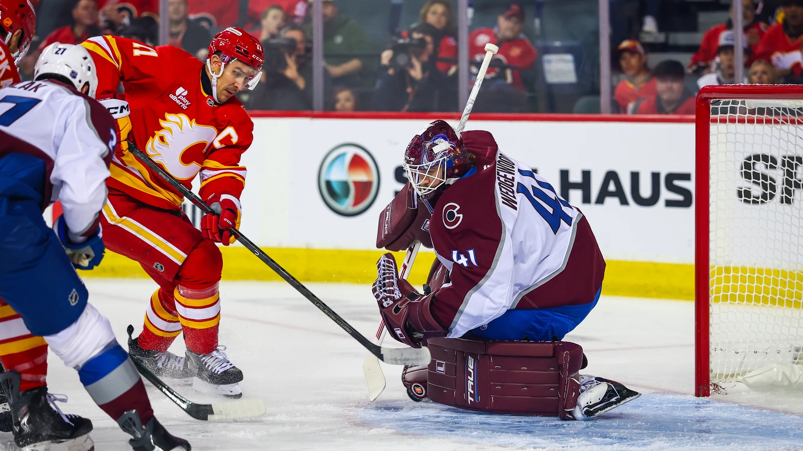 File photo: Colorado Avalanche goaltender Scott Wedgewood makes a save against the Calgary Flames at Scotiabank Saddledome.