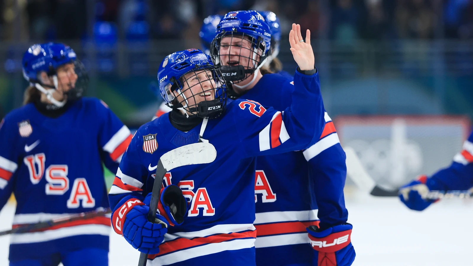 United States forward Kendall Coyne Schofield celebrates after an Olympic semifinal against Sweden in Milan on February 16, 2026. File photo; it does not show the 2019 NHL All-Star fastest-skater event or San Jose.