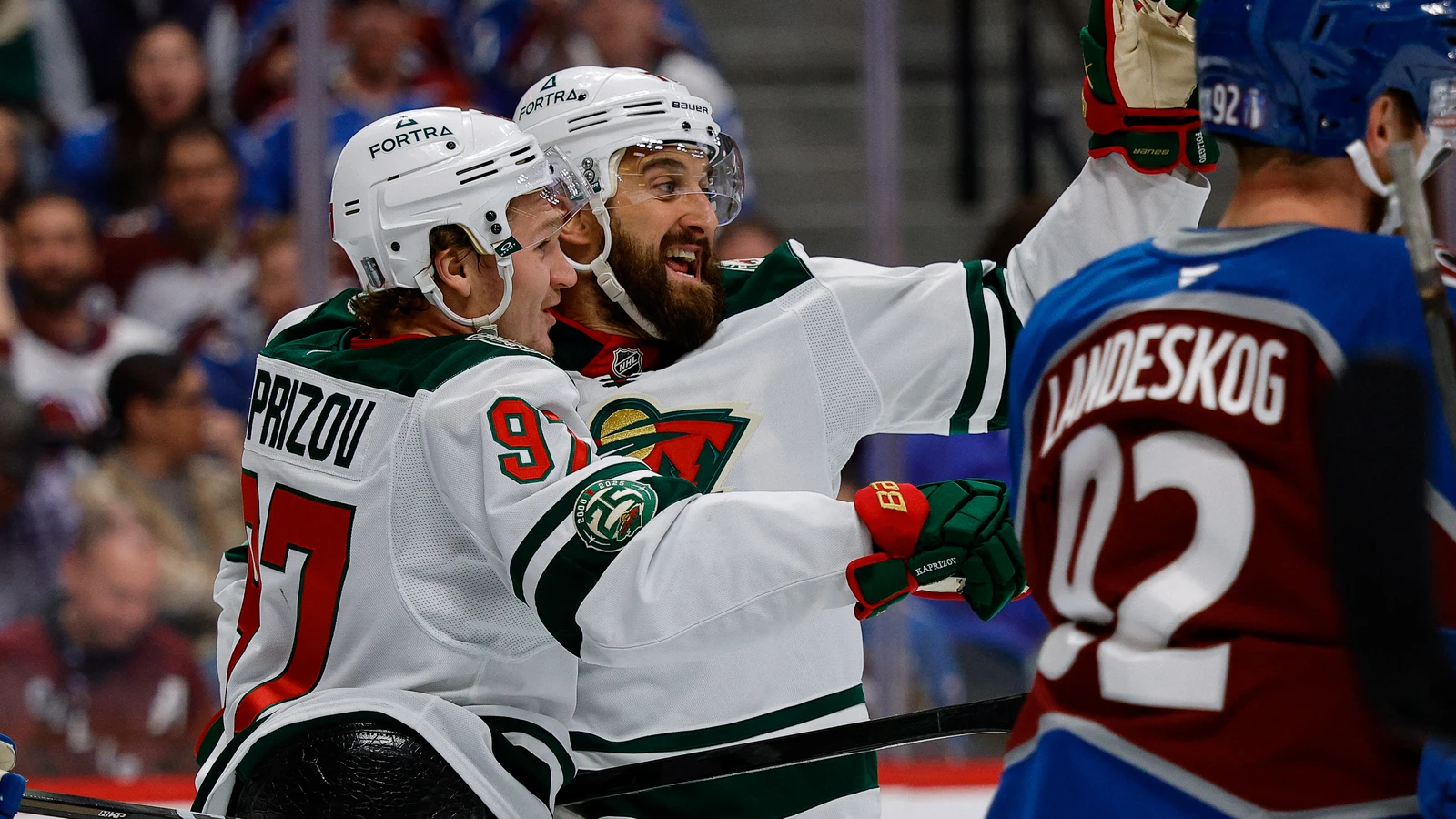 Minnesota Wild winger Nick Foligno celebrates a goal with Kirill Kaprizov against Colorado on May 13, 2026. File photo.