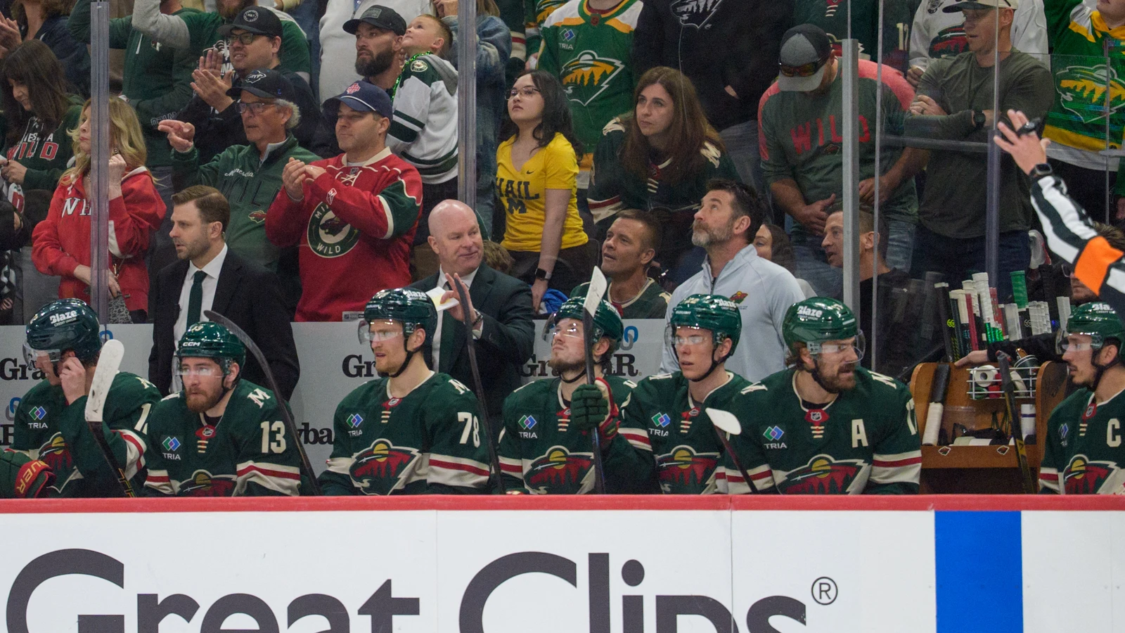 Minnesota Wild coach John Hynes reacts during a 2026 playoff game against Colorado.