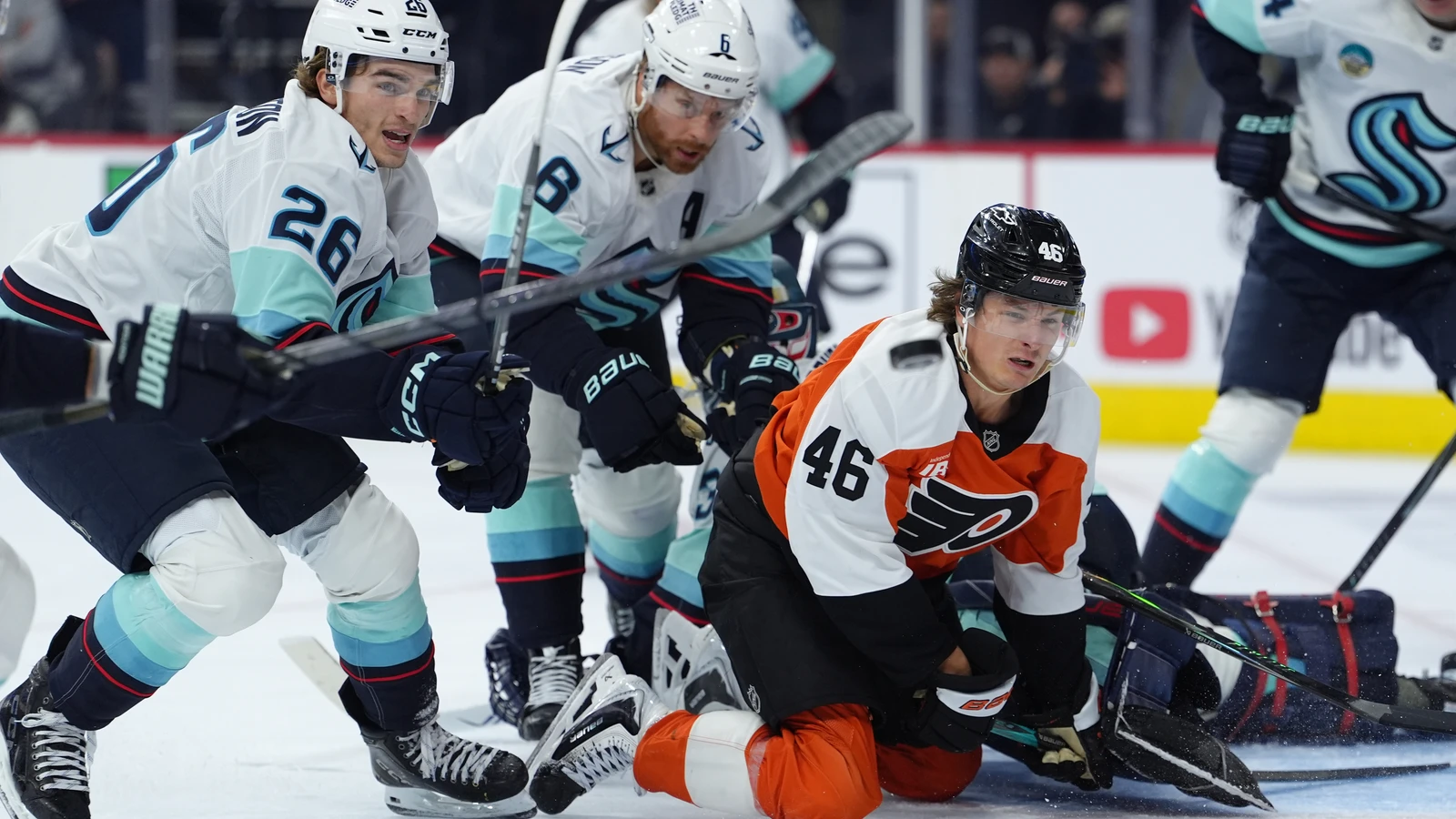 File photo: Flyers center Trevor Zegras reacts after diving for the puck against the Kraken at Xfinity Mobile Arena.