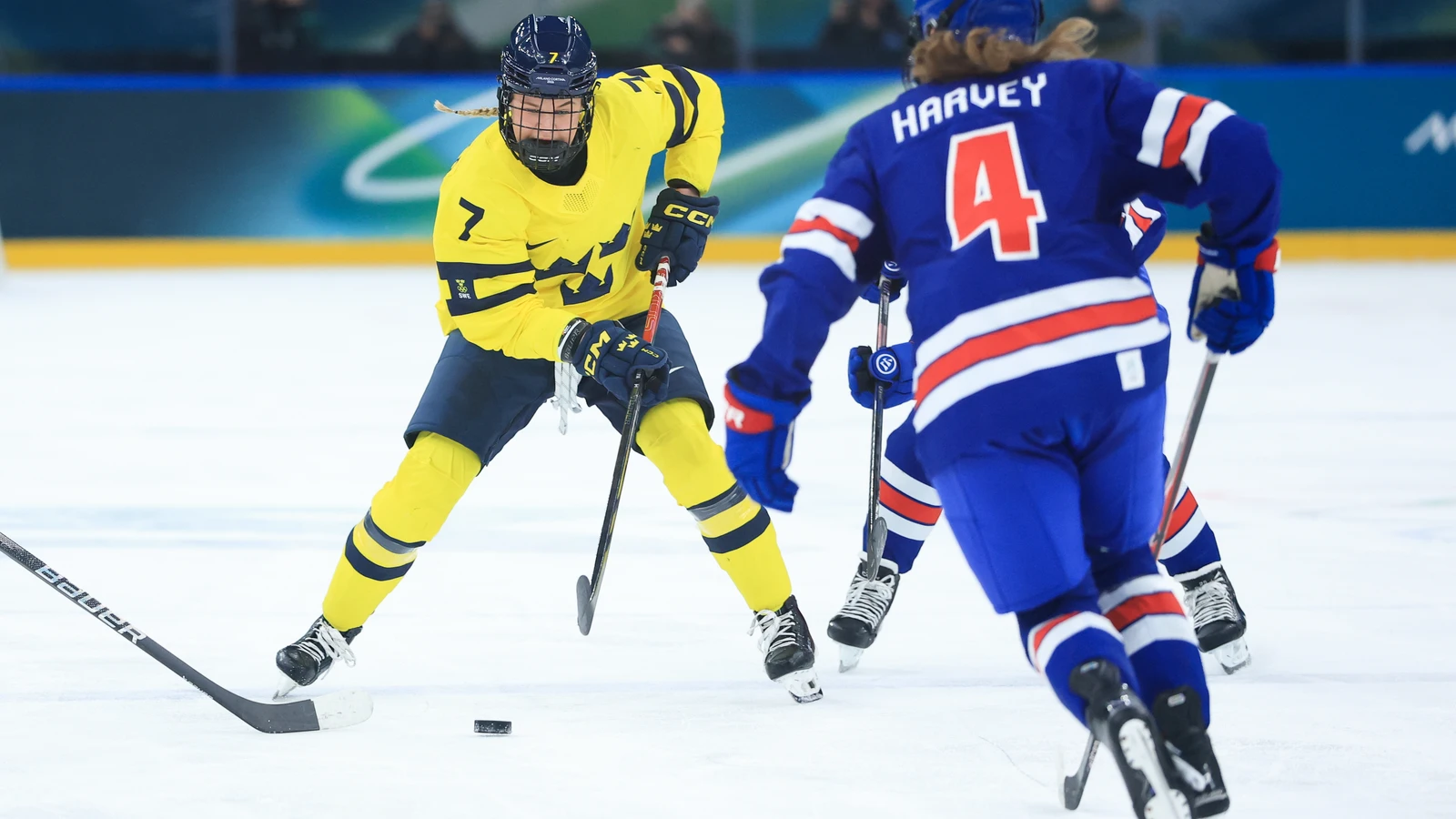 Caroline Harvey defends for the United States against Sweden at the 2026 Winter Olympics. File photo.