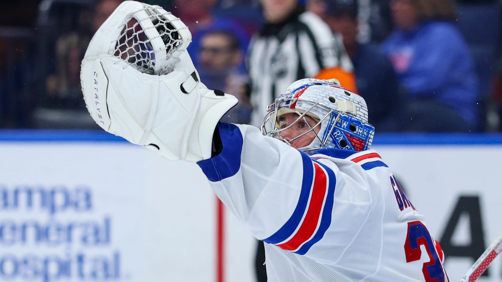 File photo: Rangers goalie Dylan Garand reaches to make a save against Tampa Bay on April 15, 2026; he spent most of that season with Hartford.