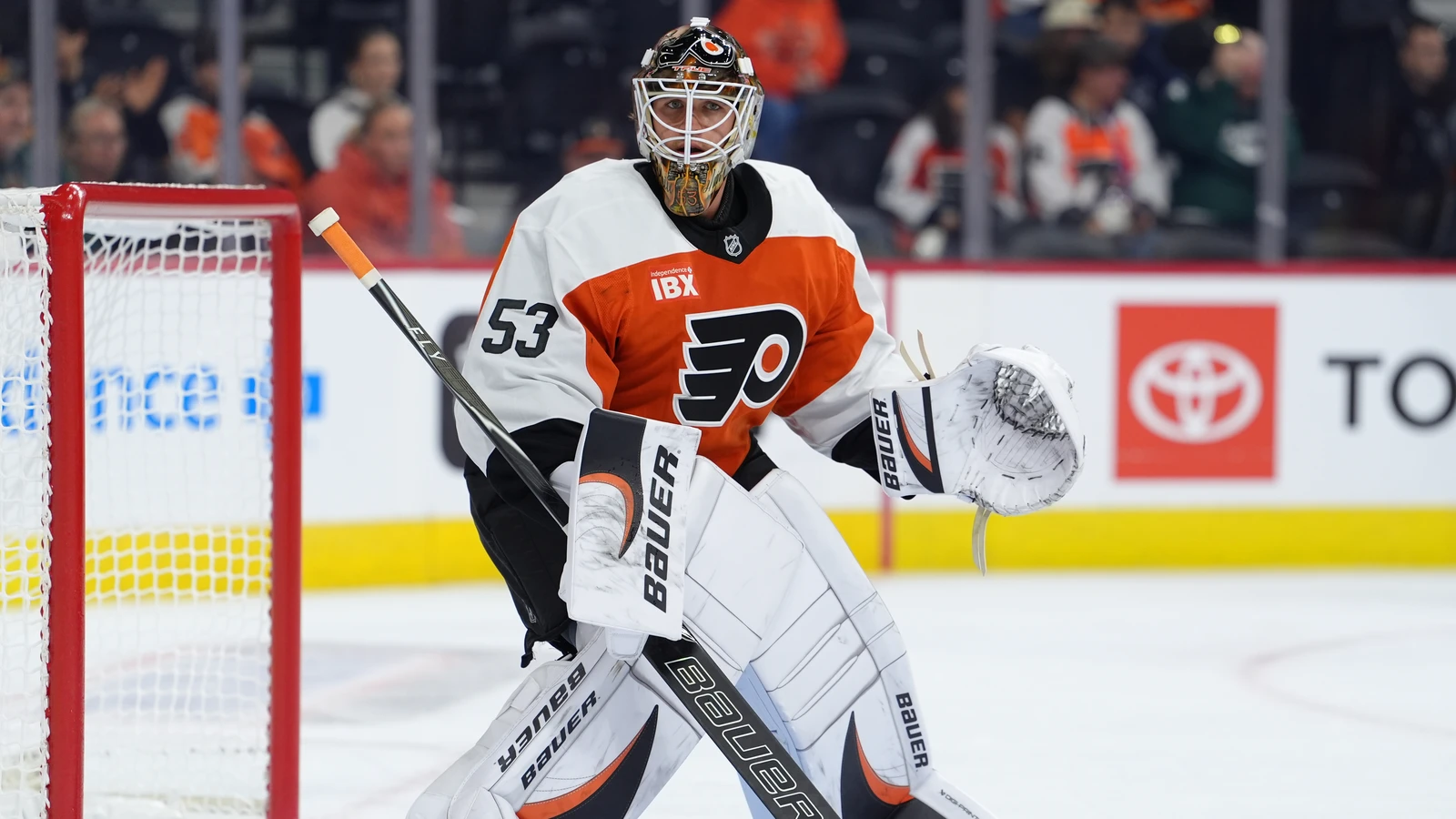 File photo: Philadelphia Flyers goaltender Joseph Woll tracks play beside his net against the Boston Bruins at Xfinity Mobile Arena on September 24, 2026.