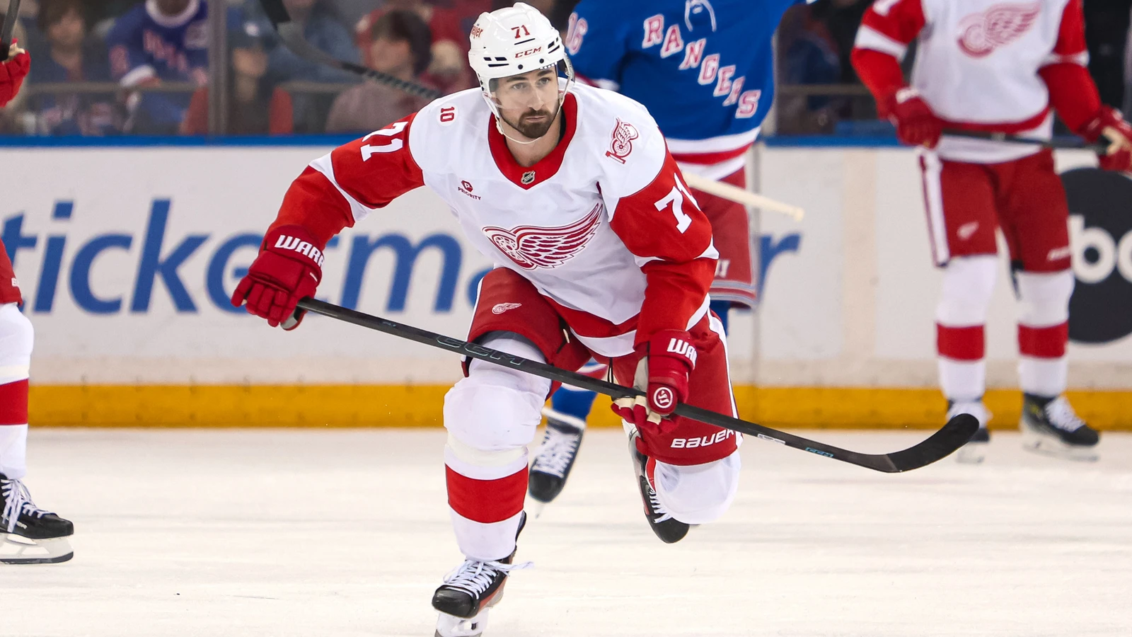 Detroit Red Wings captain Dylan Larkin skates against the New York Rangers at Madison Square Garden on April 4, 2026. File photo.