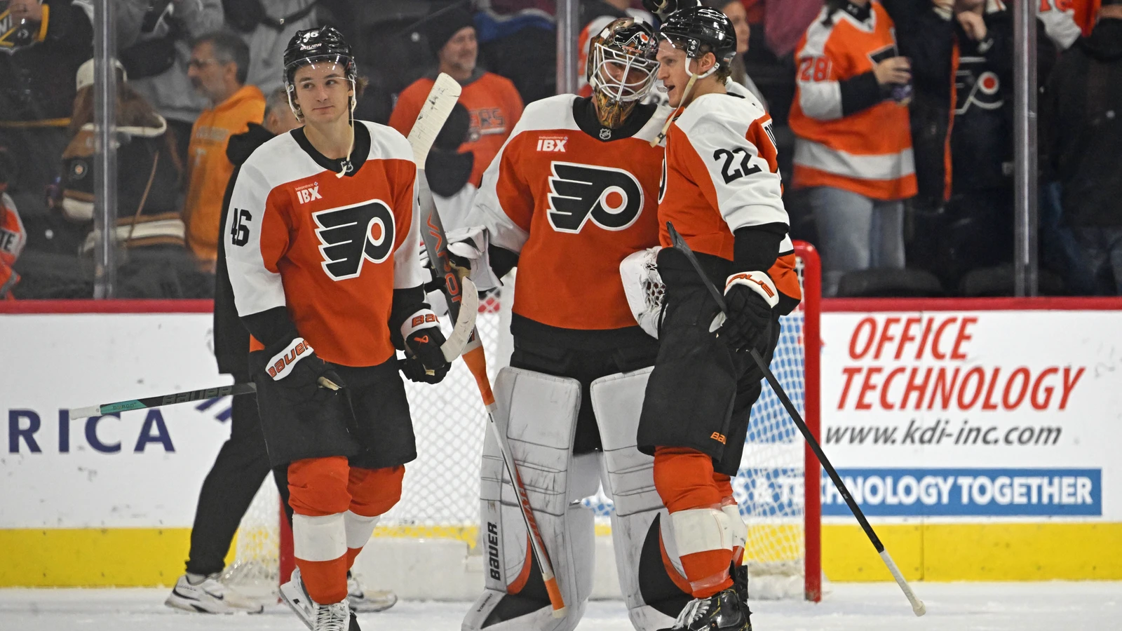 File photo: Philadelphia Flyers forward Trevor Zegras skates beside teammates after a win over the Colorado Avalanche.